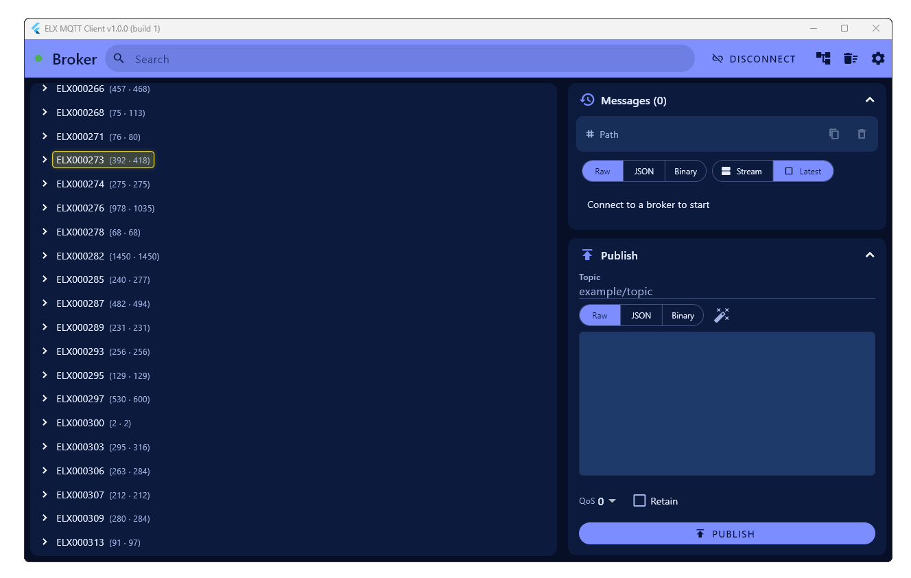 Screenshot: das Hauptfenster des ELX MQTT Clients