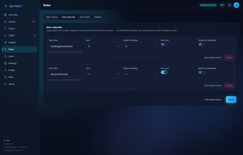 Screenshot: Auto-subscribe — Subscriptions created right after connecting