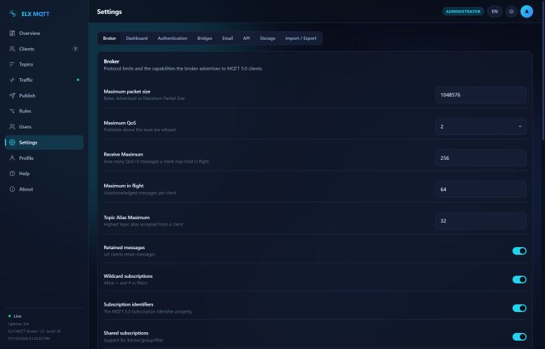Screenshot: Broker settings — Protocol limits, flood control, the $SYS switch