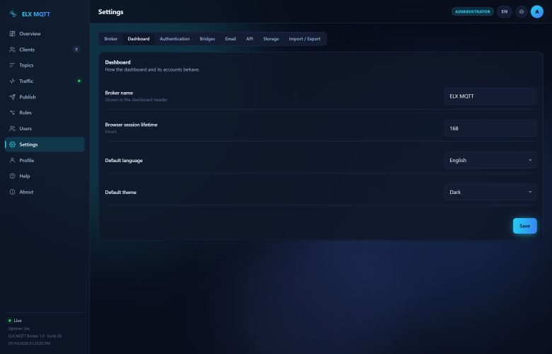 Screenshot: Dashboard settings — Web interface behaviour