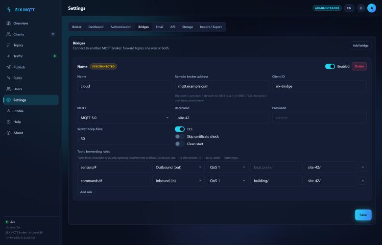 Screenshot: Bridges — A link to another broker and its forwarding rules