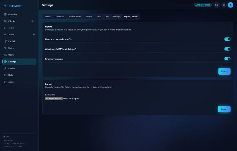 Screenshot: Import and export — Moving the configuration as one file