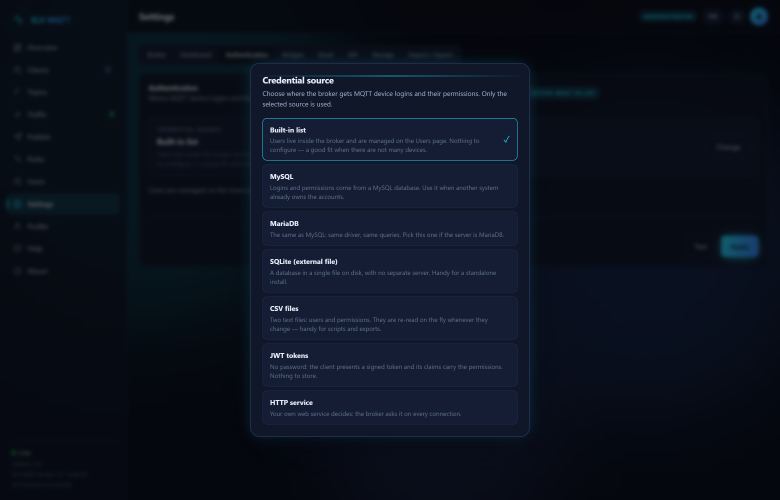 Screenshot: Source picker — Built-in list, SQL, CSV, JWT or HTTP