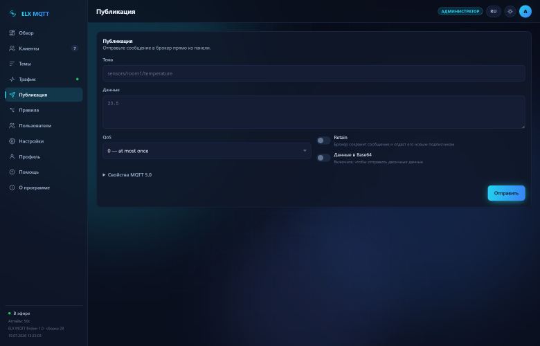 Скриншот: Публикация — Отправка сообщения со всеми свойствами MQTT 5.0