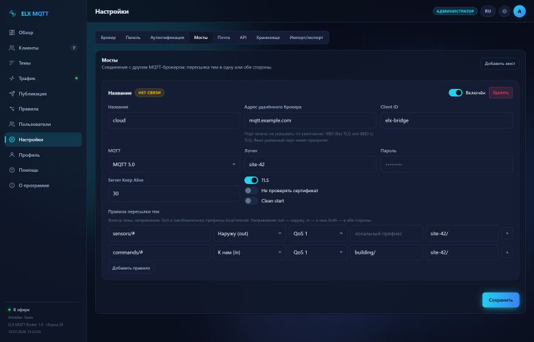 Скриншот: Мосты — Связь с другим брокером и правила пересылки